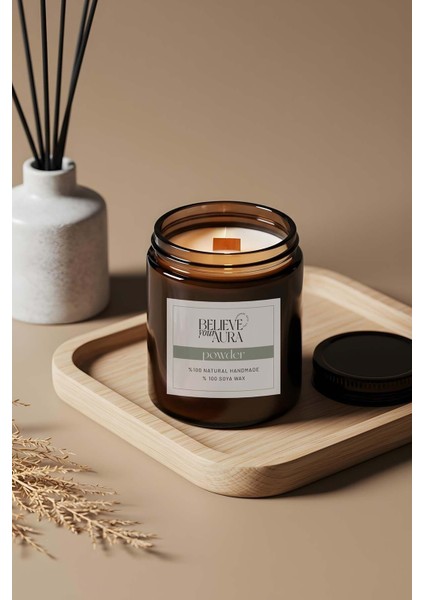 Pudra Kokulu Kavanoz Mum - %100 Doğal Sürülebilir Soya Mumu Ahşap Fitilli Kokulu Mum - 240 cc modelleri