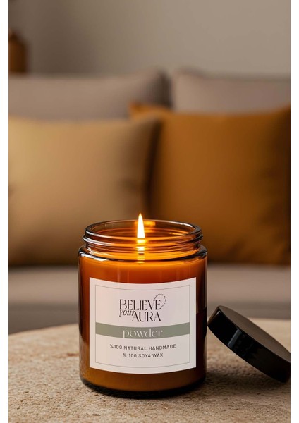 Pudra Kokulu Kavanoz Mum - %100 Doğal Sürülebilir Soya Mumu Ahşap Fitilli Kokulu Mum - 240 cc indirimleri