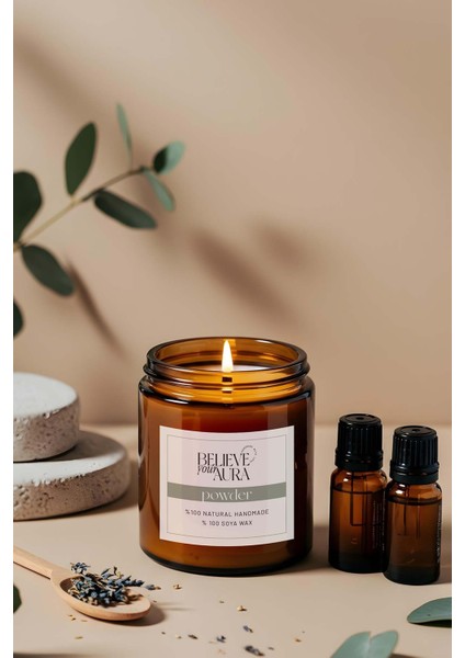 Pudra Kokulu Kavanoz Mum - %100 Doğal Sürülebilir Soya Mumu Ahşap Fitilli Kokulu Mum - 240 cc