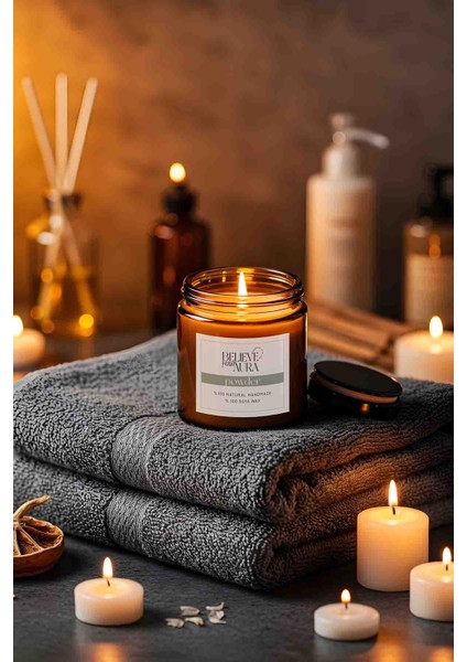 Pudra Kokulu Kavanoz Mum - %100 Doğal Sürülebilir Soya Mumu Ahşap Fitilli Kokulu Mum - 240 cc