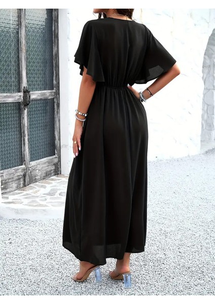 Kadın Kısa Kollu V Yakalı Beli Lastikli Uzun Viskon Elbise fiyatları