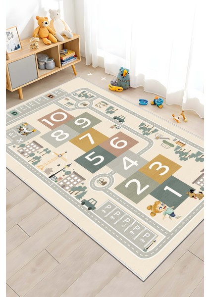 Makinede Yıkanabilir Kaymaz Taban Leke Tutmaz Yol Desenli Çocuk Odası Halısı Oyun Halısı