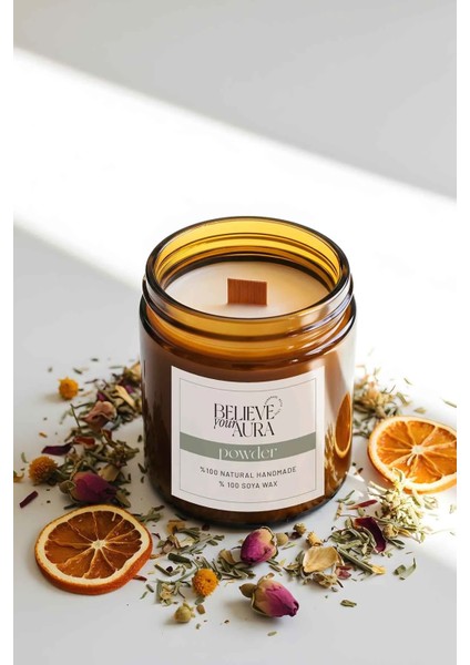 Pudra Kokulu Kavanoz Mum - %100 Doğal Sürülebilir Soya Mumu Ahşap Fitilli Kokulu Mum - 240 cc