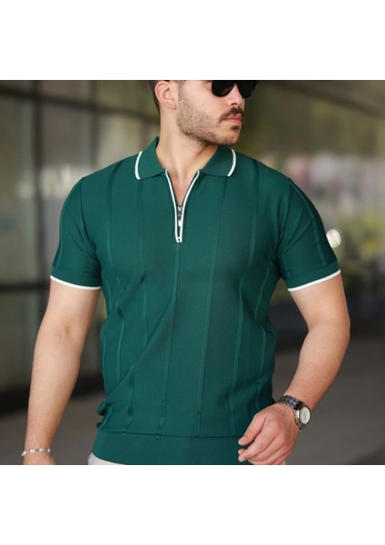 Erkek Dikey Kabartmalı Örgü Dokulu Fermuar Yakalı Tişört