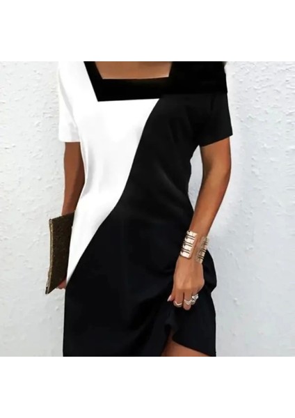 Kadın Kısa Kollu Kare Yaka Parçalı Desen Dalgıç Elbise