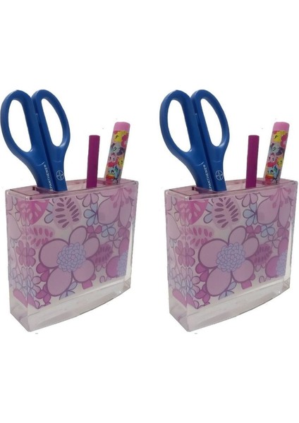 2 Adet Kalemlik Pembe Çiçekli Akrilik Ofis Gereci 10X10X3CM