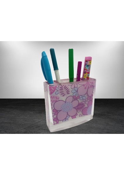 2 Adet Kalemlik Pembe Çiçekli Akrilik Ofis Gereci 10X10X3CM modelleri