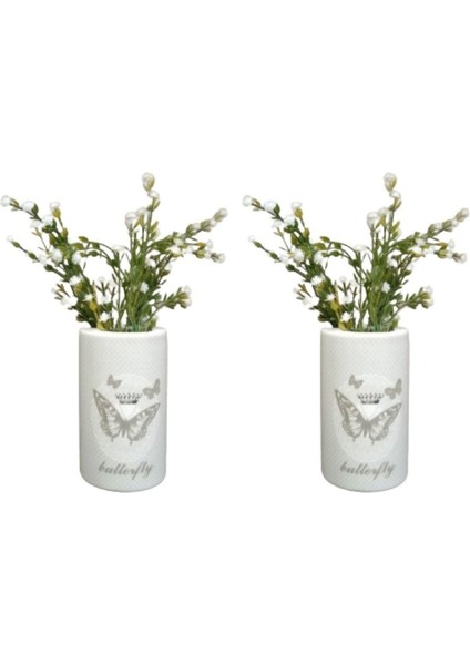 2 Adet Vazo Dahil,vazoda Çiçek,beyaz Yapay Çiçek,vazo Dekoratif Kelebek Desenli 7X7X16CM