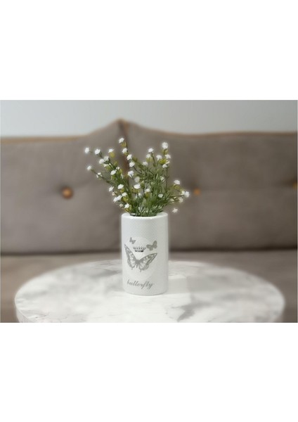 2 Adet Vazo Dahil,vazoda Çiçek,beyaz Yapay Çiçek,vazo Dekoratif Kelebek Desenli 7X7X16CM