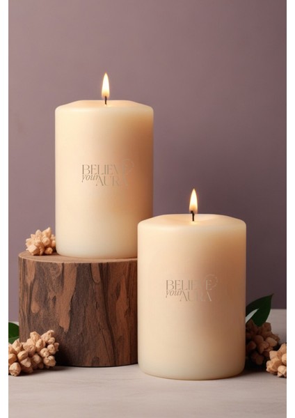 Sandal Ağacı Kokulu Silindir Mum - %100 Doğal Soya Mumu Beyaz Dekoratif Mum Seti - 2X600 gr