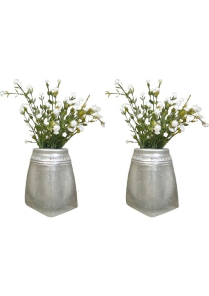 2 Adet Vazo Dahil,vazoda Çiçek,beyaz Yapay Çiçek,vazo Dekoratif Kristal Taşlı Gümüş Poliresin 7X7X15CM