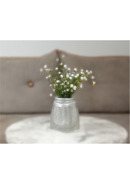 2 Adet Vazo Dahil,vazoda Çiçek,beyaz Yapay Çiçek,vazo Dekoratif Kristal Taşlı Gümüş Poliresin 7X7X15CM
