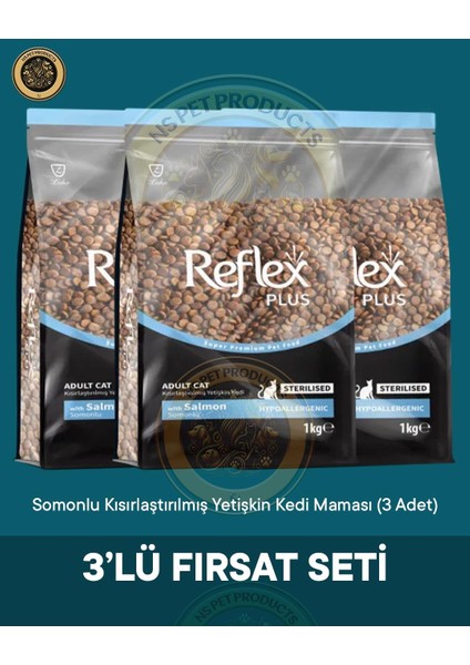 Plus Somonlu Kısırlaştırılmış Yetişkin Kedi Maması 3'lü Fırsat – 1kg × 3 Paket