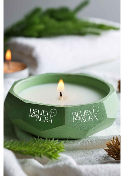 Sandal Ağacı Kokulu Mum - %100 Soya Mumu El Yapımı Yeşil Beton Aromaterapi Kokulu Mum - 450 cc