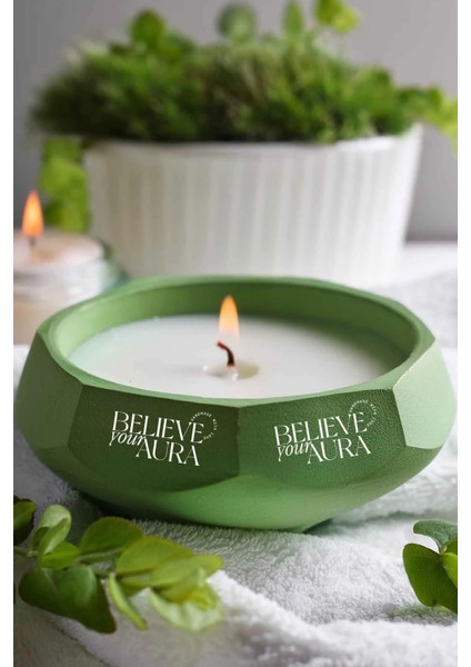 Sandal Ağacı Kokulu Mum - %100 Soya Mumu El Yapımı Yeşil Beton Aromaterapi Kokulu Mum - 450 cc