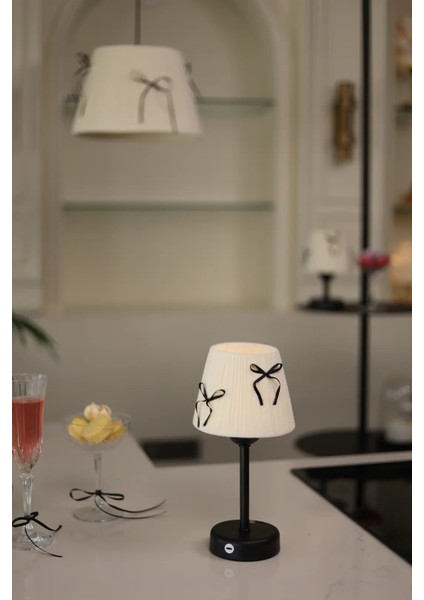 Krem Kadife Süet Siyah Fiyonk Kablosuz Şarjlı Masa Lambası - Alt Uzun Siyah