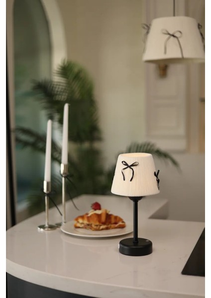 Krem Kadife Süet Siyah Fiyonk Kablosuz Şarjlı Masa Lambası - Alt Uzun Siyah fırsatları