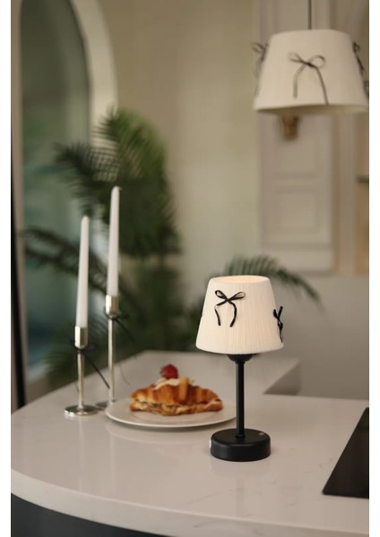Krem Kadife Süet Siyah Fiyonk Kablosuz Şarjlı Masa Lambası - Alt Uzun Siyah