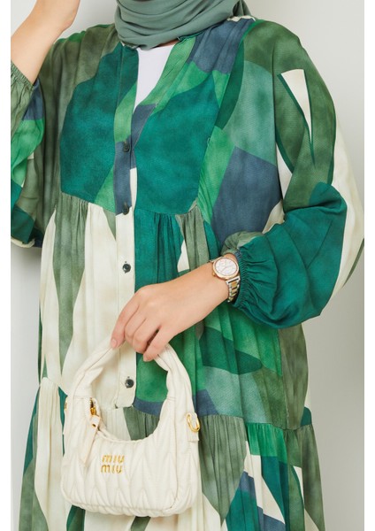 Kadın Yeşil Desenli Düğmeli Kat Kat Elbise