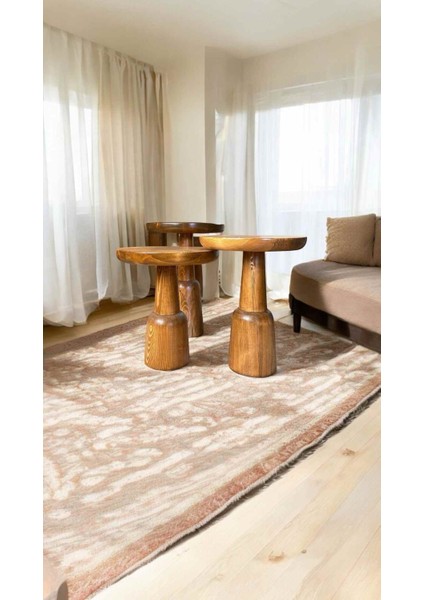 Masif Doğal Ahşap Mantar Sehpa – 3’lü Tik Ağacı Renk Zigon Fiskos Sehpa Seti