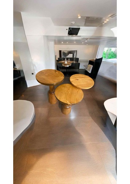 Masif Doğal Ahşap Mantar Sehpa – 3’lü Tik Ağacı Renk Zigon Fiskos Sehpa Seti fiyatları