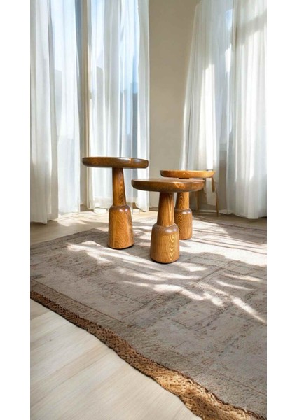 Masif Doğal Ahşap Mantar Sehpa – 3’lü Tik Ağacı Renk Zigon Fiskos Sehpa Seti modelleri