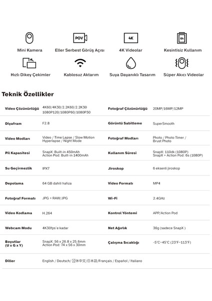 Snapx 4K/60FPS 20MP Wi-Fi Mini Aksiyon Kamera,taşınabilir Vücut Kamerası, Giyilebilir Video Kaydedici, Su Geçirmez, App Kontrollü, Ipx7