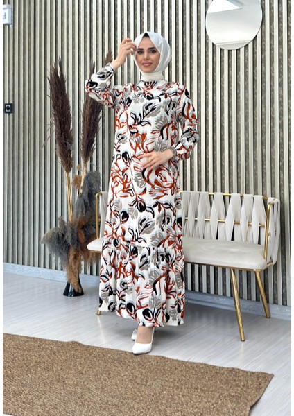 Eteği Volanlı Dokuma Viskon Elbise