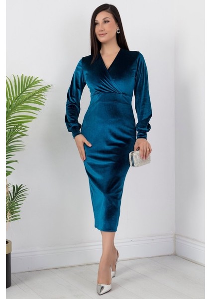Kadın Kadife Kumaş Manşetli V Yaka Şık Kalem Elbise indirimleri