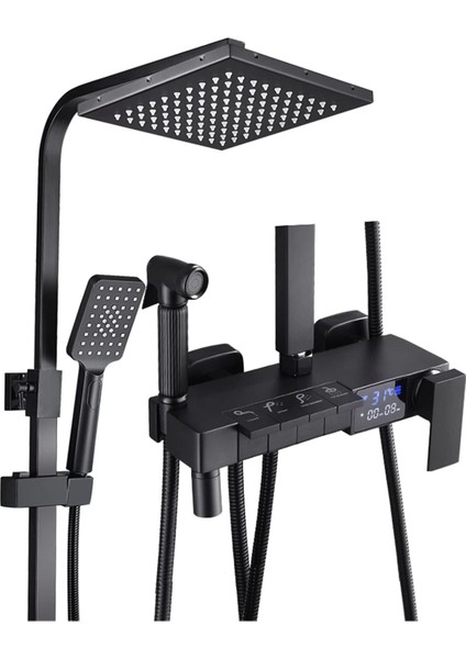 Dijital Sıcaklık LED Ekranlı Banyo Duş Seti Piyano Tuşlu Yeni Tasarım Siyah 7 Yıl Garantili Ithal