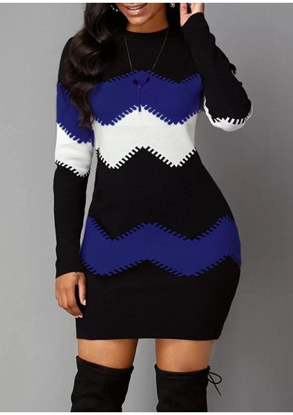 Kadın Uzun Kollu Zigzag Desen Triko Elbise modelleri