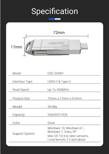 SU001 256GB 5GBPS (550/520MB/s) Usb3.2 Gen1 Type-A & Type-C Taşınabilir SSD