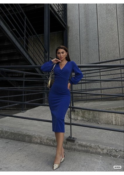 Kadın Kruvaze Yaka Balon Kol Simli Krep Kumaş Midi Boy Elbise modelleri