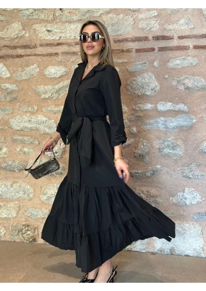 Kadın Uzun Kollu Eteği Fırfırlı Beli Kuşaklı Trikoton Tam Boy Gömlek Elbise fırsatları