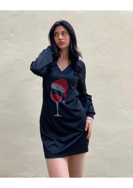 Kadın Uzun Kollu V Yaka Baskılı Dalgıç Kumaş Elbise