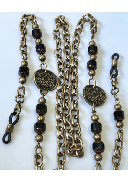 Gözlük Zinciri Antik Altın Zincirli Gerçek Kristal Siyah Taşlı Otantik Zincir