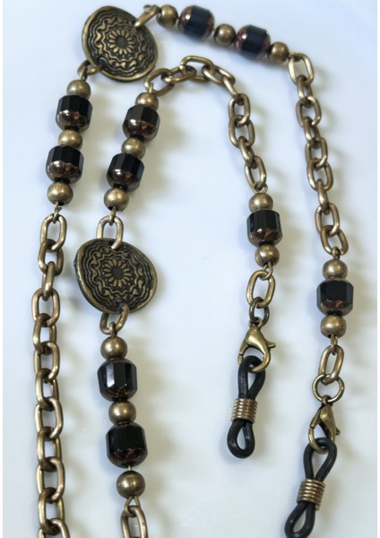 Gözlük Zinciri Antik Altın Zincirli Gerçek Kristal Siyah Taşlı Otantik Zincir modelleri