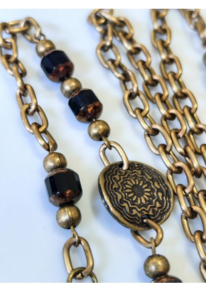 Gözlük Zinciri Antik Altın Zincirli Gerçek Kristal Siyah Taşlı Otantik Zincir