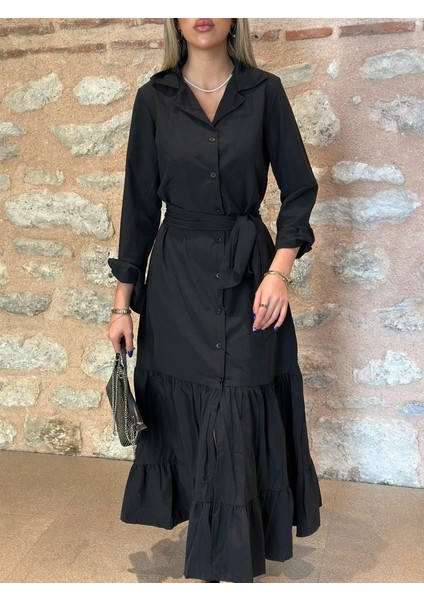 Kadın Uzun Kollu Eteği Fırfırlı Beli Kuşaklı Trikoton Tam Boy Gömlek Elbise