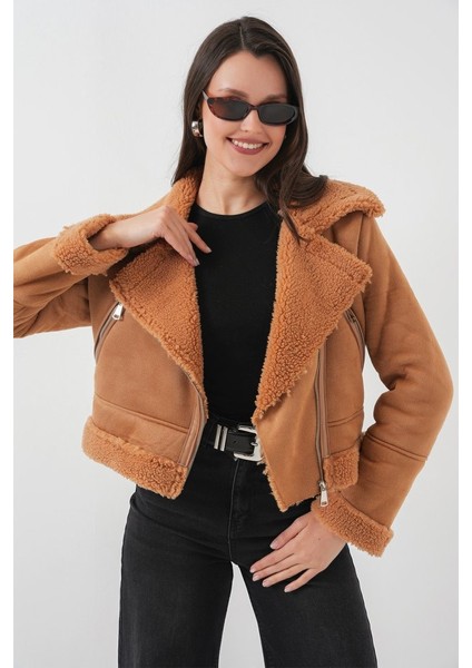 5155 Kruvaze Yaka Suni Kürklü Deri Mont - A.kahve indirimleri