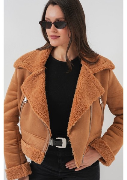 5155 Kruvaze Yaka Suni Kürklü Deri Mont - A.kahve
