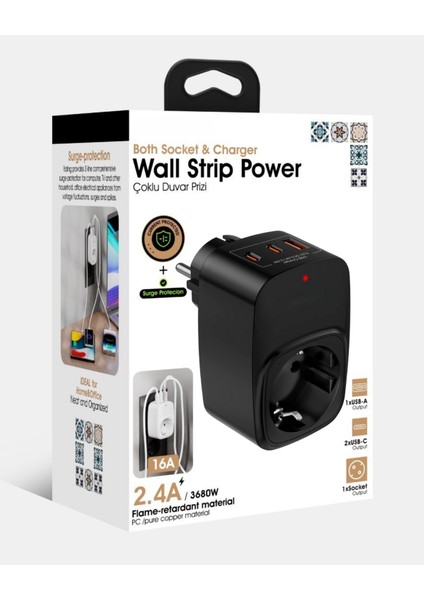 Çoklu Yüksek Voltaj Korumalı Duvar Prizi 2x Type-C 1x USB Çıkışlı Priz Grup Priz Çoğaltıcı fiyatları