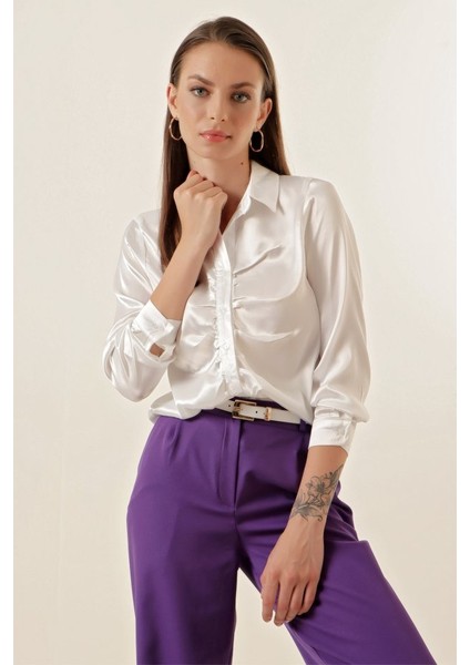 20112 Büzgülü Saten Gömlek - Beyaz indirimleri