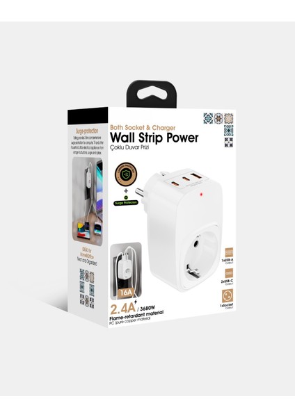 Çoklu Yüksek Voltaj Korumalı Duvar Prizi 2x Type-C 1x USB Çıkışlı Priz Grup Priz Çoğaltıcı fırsatları