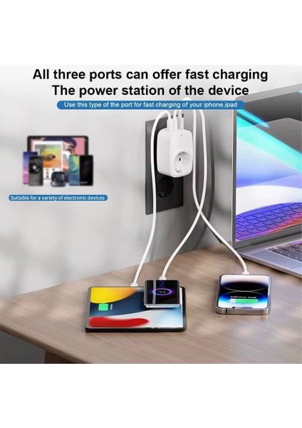 Çoklu Yüksek Voltaj Korumalı Duvar Prizi 2x Type-C 1x USB Çıkışlı Priz Grup Priz Çoğaltıcı