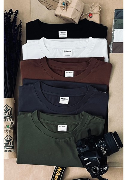 Store %100 Organik Pamuk Nefes Alan Tok Yumuşak Dokulu Premium Yarım Oversize Bisiklet Yaka Basic Erkek/Unisex Tişört Kahverengi