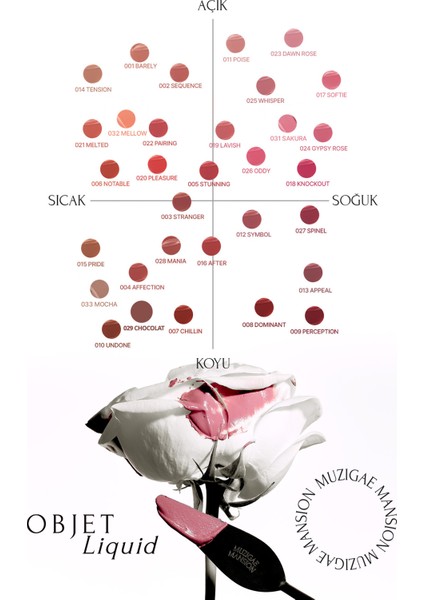 Gül Özlü, Yumuşak Dokulu, Nemlendirici ve Kalıcı Tint Muzıgae Mansıon Objet Liquid (033 Mocha)