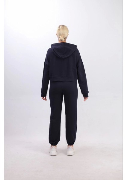 Iki Iplik Kapüşonlu Fermuarlı Crop Oversize Hırka Takım- Lacivert