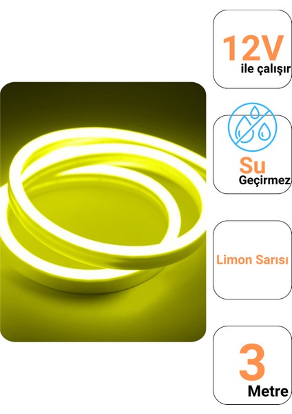 12 Volt 3 Metre Limon Sarısı Neon Led Işık Prize Takılmaya Hazır Değil Esnek Silikon Şerit Led fiyatları