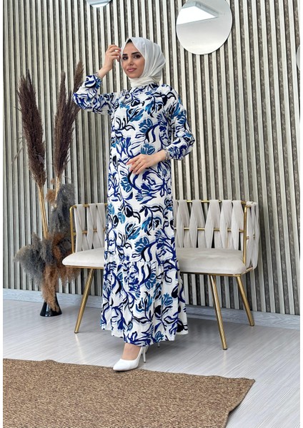 Eteği Volanlı Dokuma Viskon Elbise